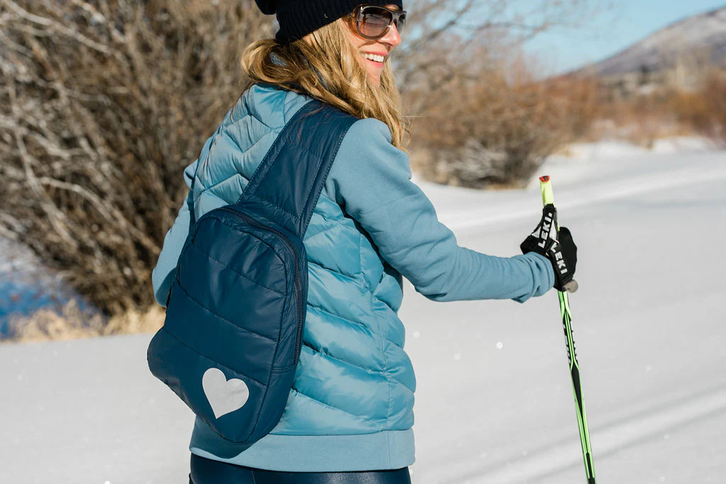 Puffer Crossbody Backpack in Navy with Silver Heart
